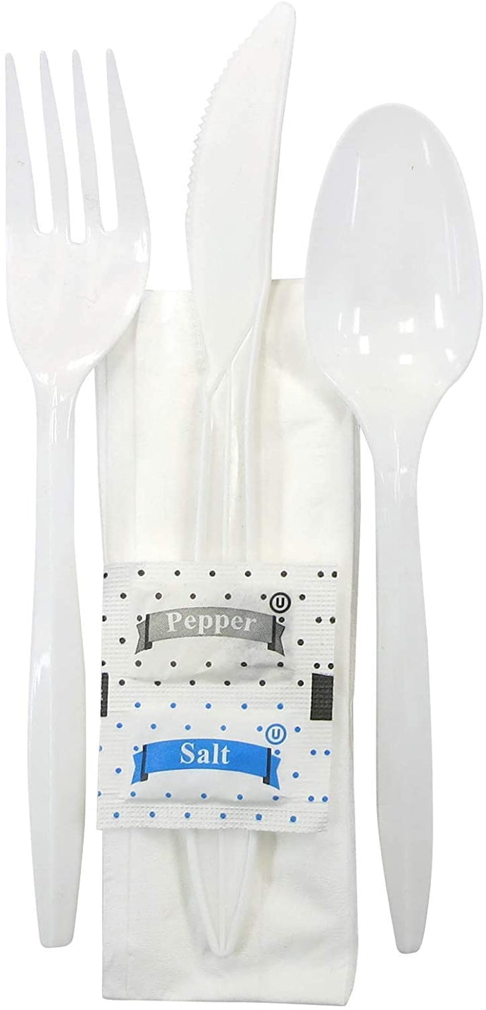 506985. KIT: (SPOON, FORK, KNIFE, NAPKIN, SALT & PEPPER) WHITE 250/CS