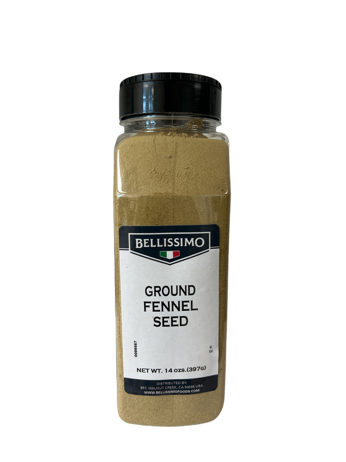 122486.  FENNEL SEED, GROUND LG BTL 14OZ - BELLISSIMO 12/14OZ